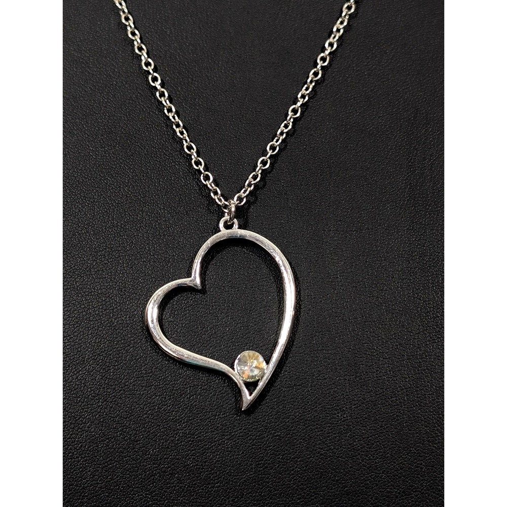 Silver Tone Open Metal heart Rhinestone‎ Pendant Necklace Retro 20 in